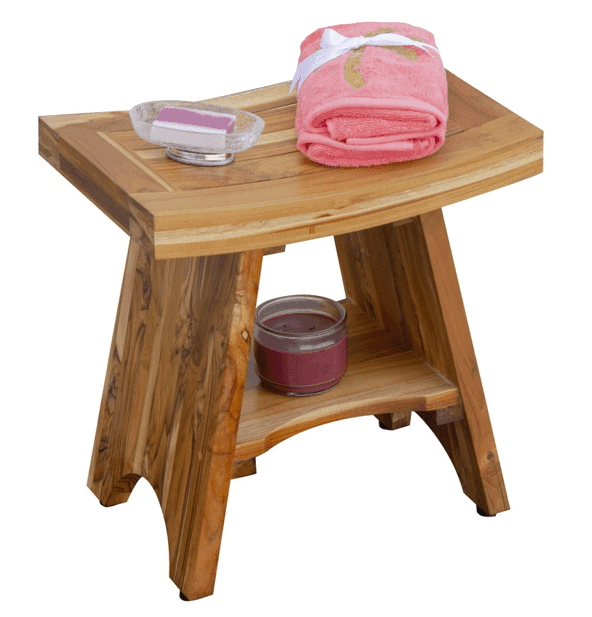 Compact Curvilinear Teak Shower Outdoor Bench With Shelf In Natural Finish - Homeroots - Flyclothing LLC