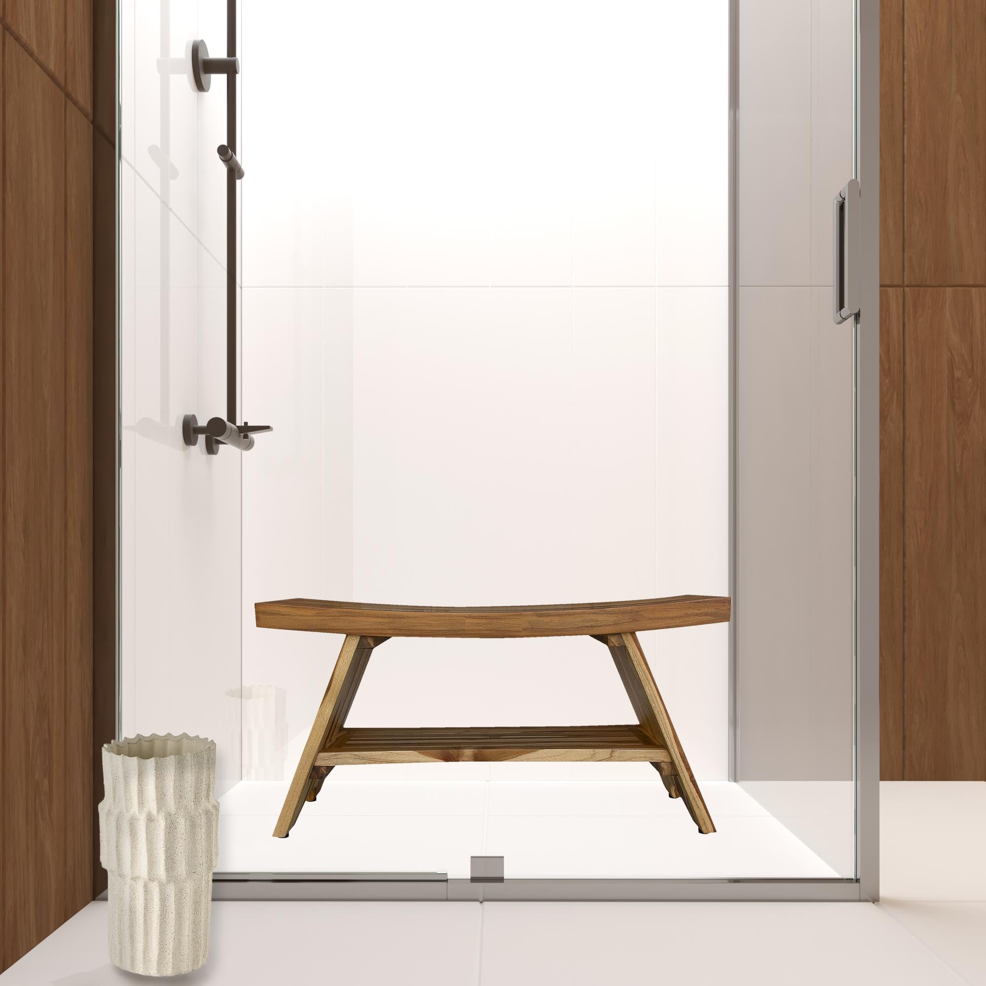 35" Teak Rectangular Shower Outdoor Bench With Shelf In Natural Finish - Homeroots - Flyclothing LLC