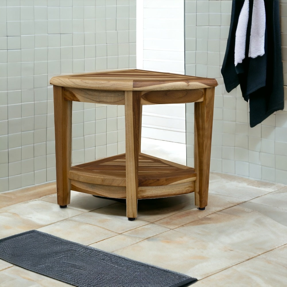 19" X 22" Natural Teak Corner Shower Bench With Shelf - Homeroots - Flyclothing LLC