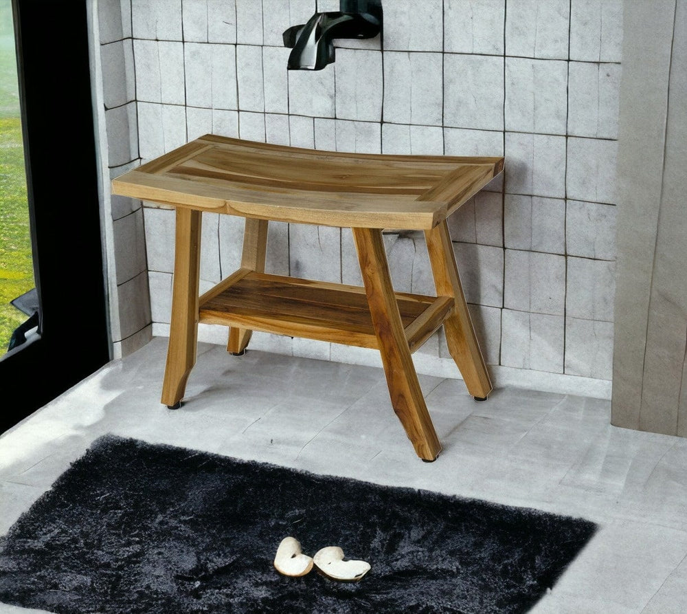 18" X 24" Natural Teak Rectangular Shower Bench With Shelf - Homeroots
