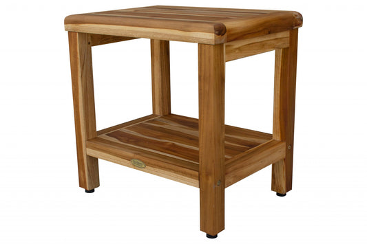 18" Contemporary Teak Shower Stool Or Bench With Shelf In Natural Finish - Homeroots