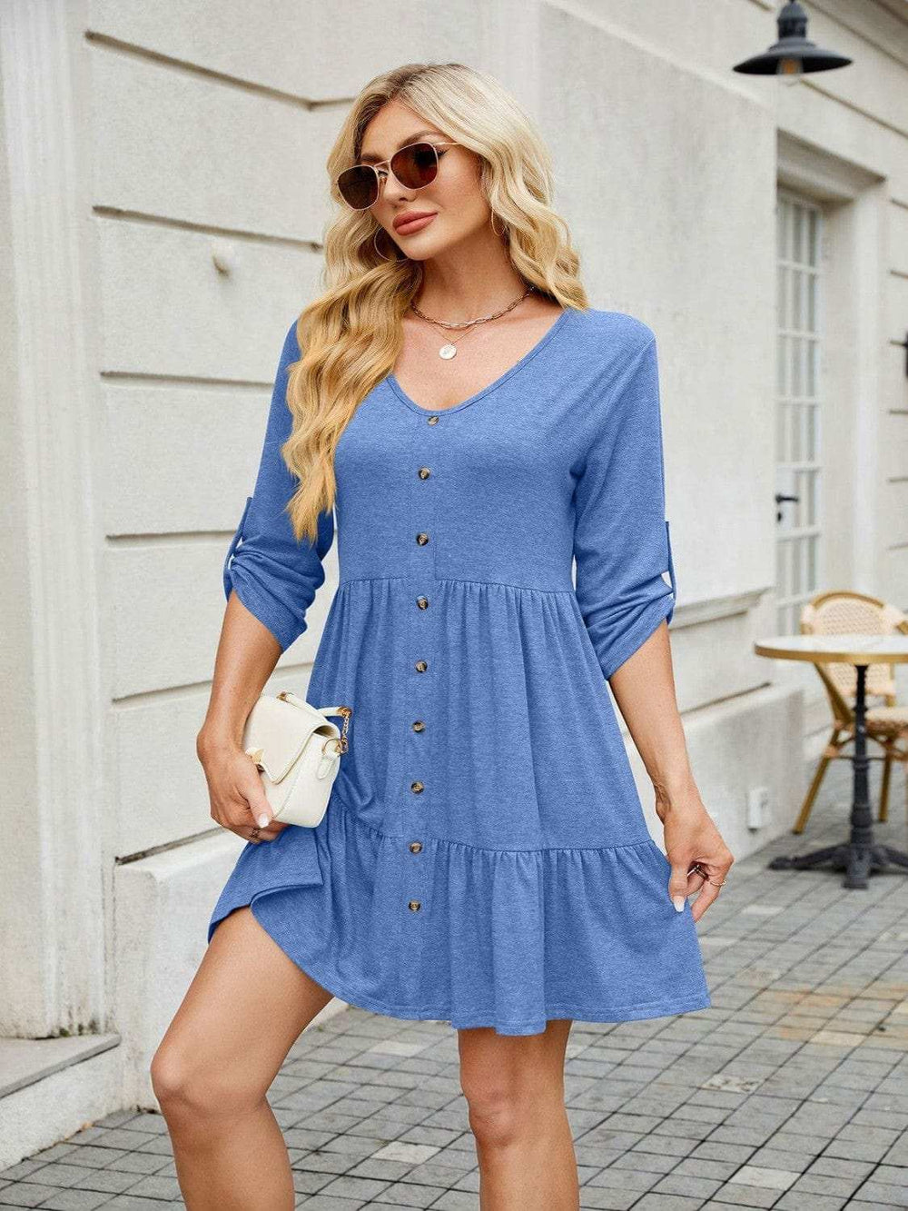 Tiered Ruched V-Neck Mini Dress - Trendsi - Flyclothing LLC