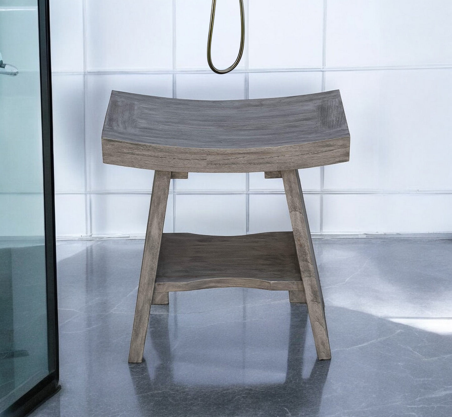 18" Gray Solid Wood Rectangular Shower Bench With Shelf - Homeroots - Flyclothing LLC