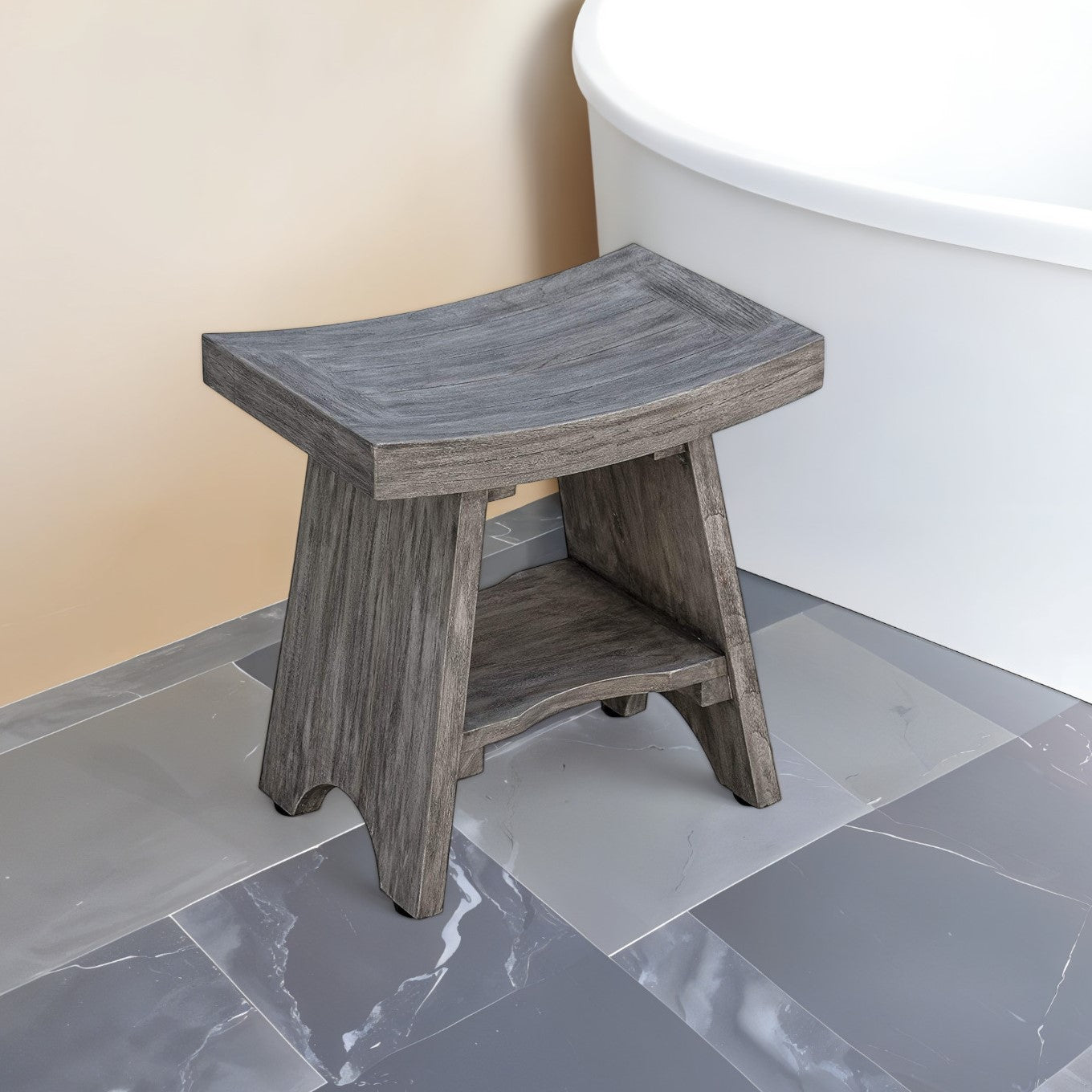 18" Gray Solid Wood Rectangular Shower Bench With Shelf - Homeroots - Flyclothing LLC