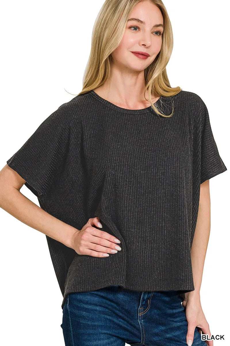 Zenana Ribbed Round-Neck Short-Sleeve Knit Top - Trendsi - Flyclothing LLC