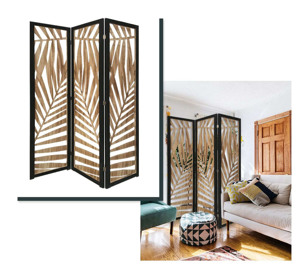 3 Panel Room Divider With Tropical Leaf Design - Homeroots - Flyclothing LLC
