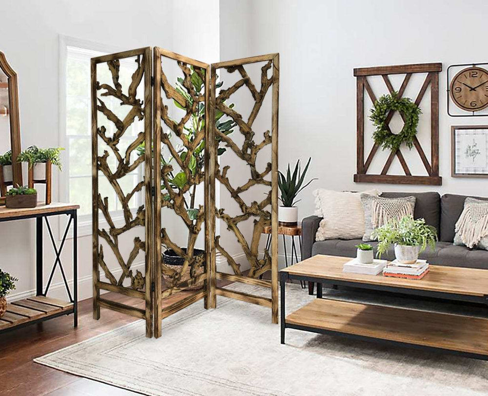 Rustic Earthy Wood Root Three Panel Room Divider Screen - Homeroots - Flyclothing LLC