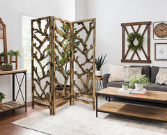 Rustic Earthy Wood Root Three Panel Room Divider Screen - Homeroots