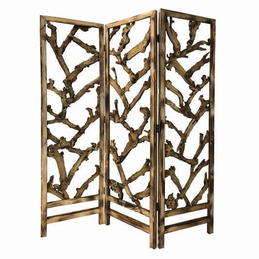 Rustic Earthy Wood Root Three Panel Room Divider Screen - Homeroots