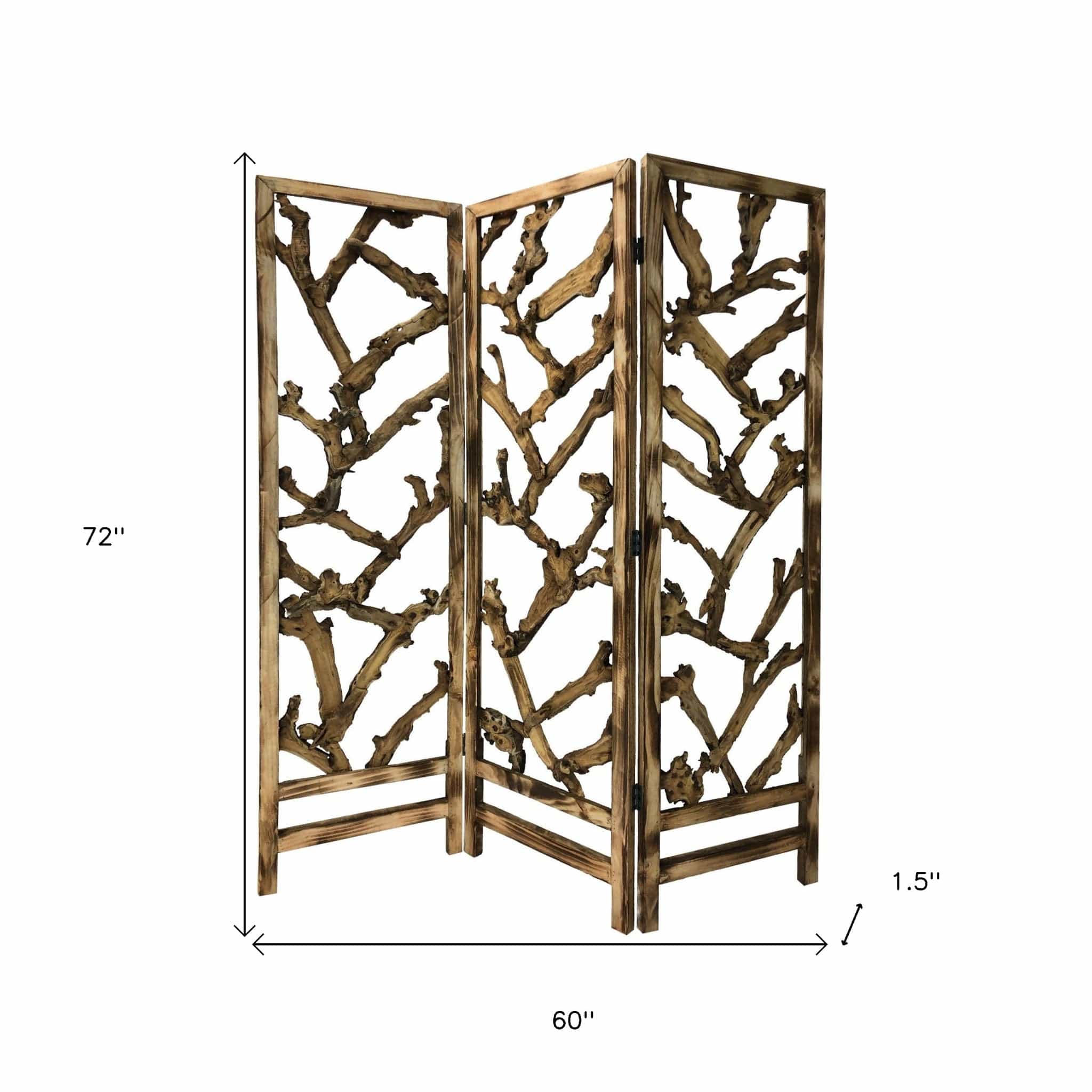 Rustic Earthy Wood Root Three Panel Room Divider Screen - Homeroots