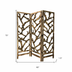 Rustic Earthy Wood Root Three Panel Room Divider Screen - Homeroots