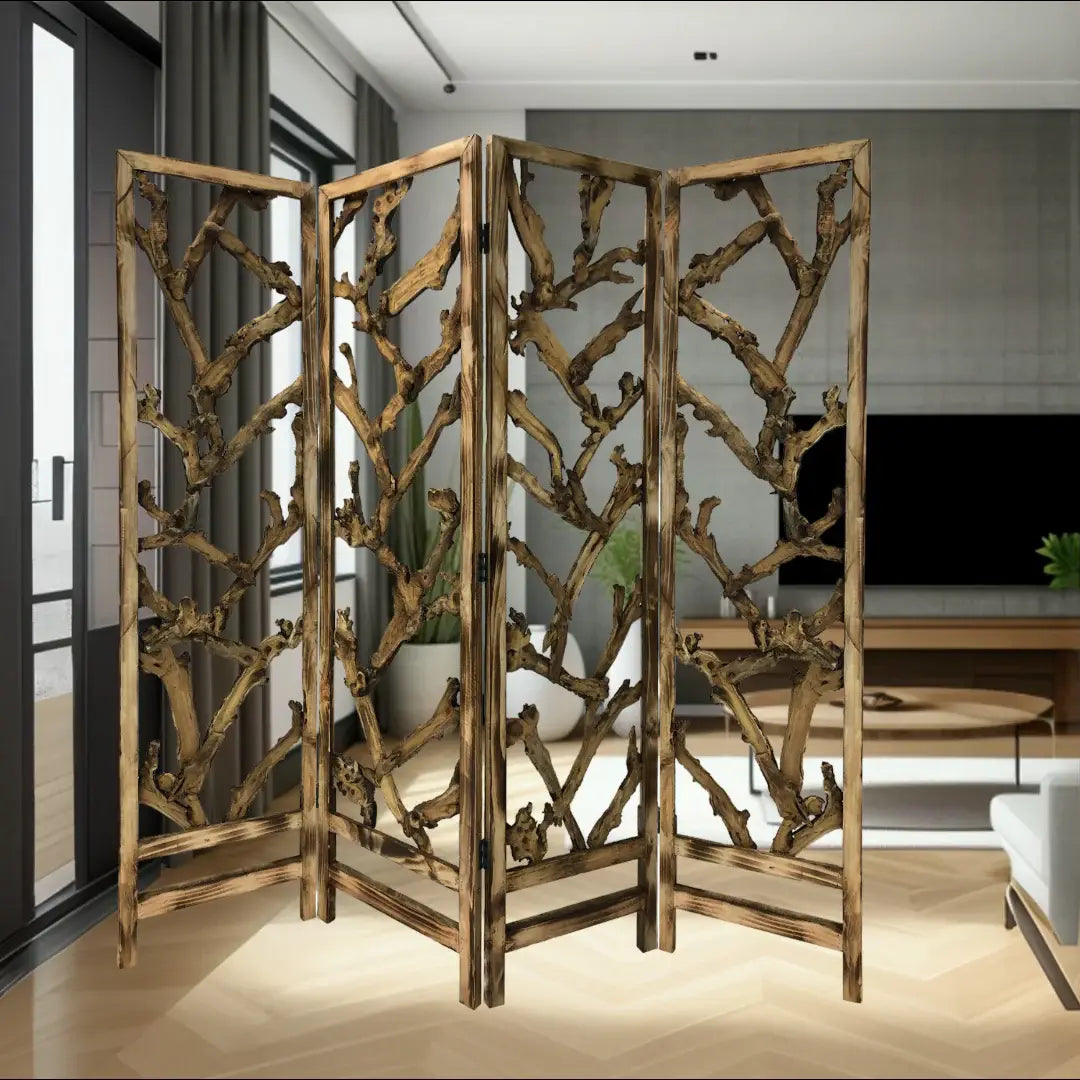84" Brown Solid WoodFolding Four Panel Screen Room Divider - Homeroots - Flyclothing LLC