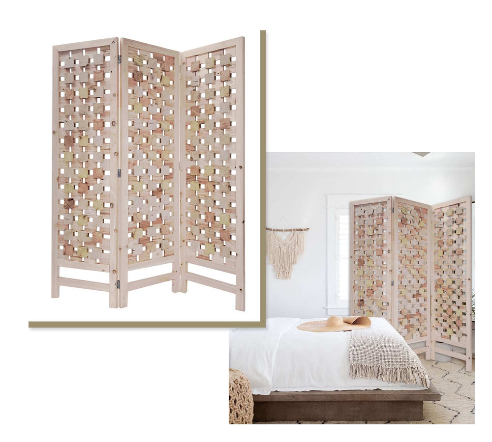 3 Panel Pink Room Divider With Cut Square Wood Design - Homeroots - Flyclothing LLC