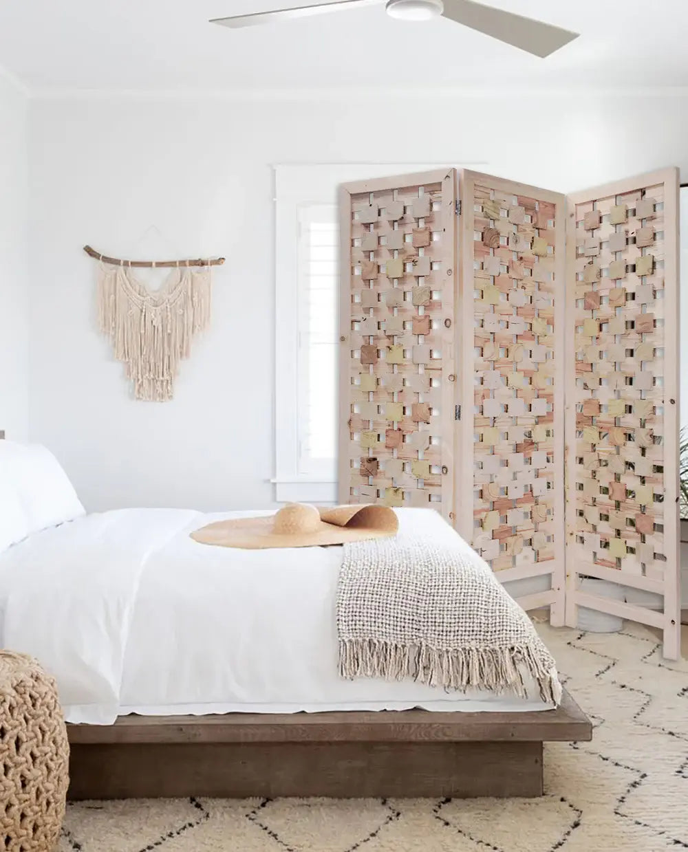 3 Panel Pink Room Divider With Cut Square Wood Design - Homeroots - Flyclothing LLC