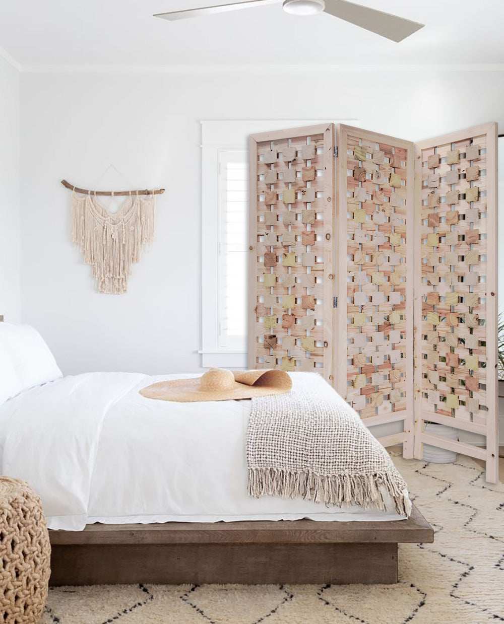 3 Panel Pink Room Divider With Cut Square Wood Design - Homeroots - Flyclothing LLC