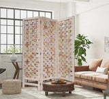 3 Panel Pink Room Divider With Cut Square Wood Design - Homeroots - Flyclothing LLC
