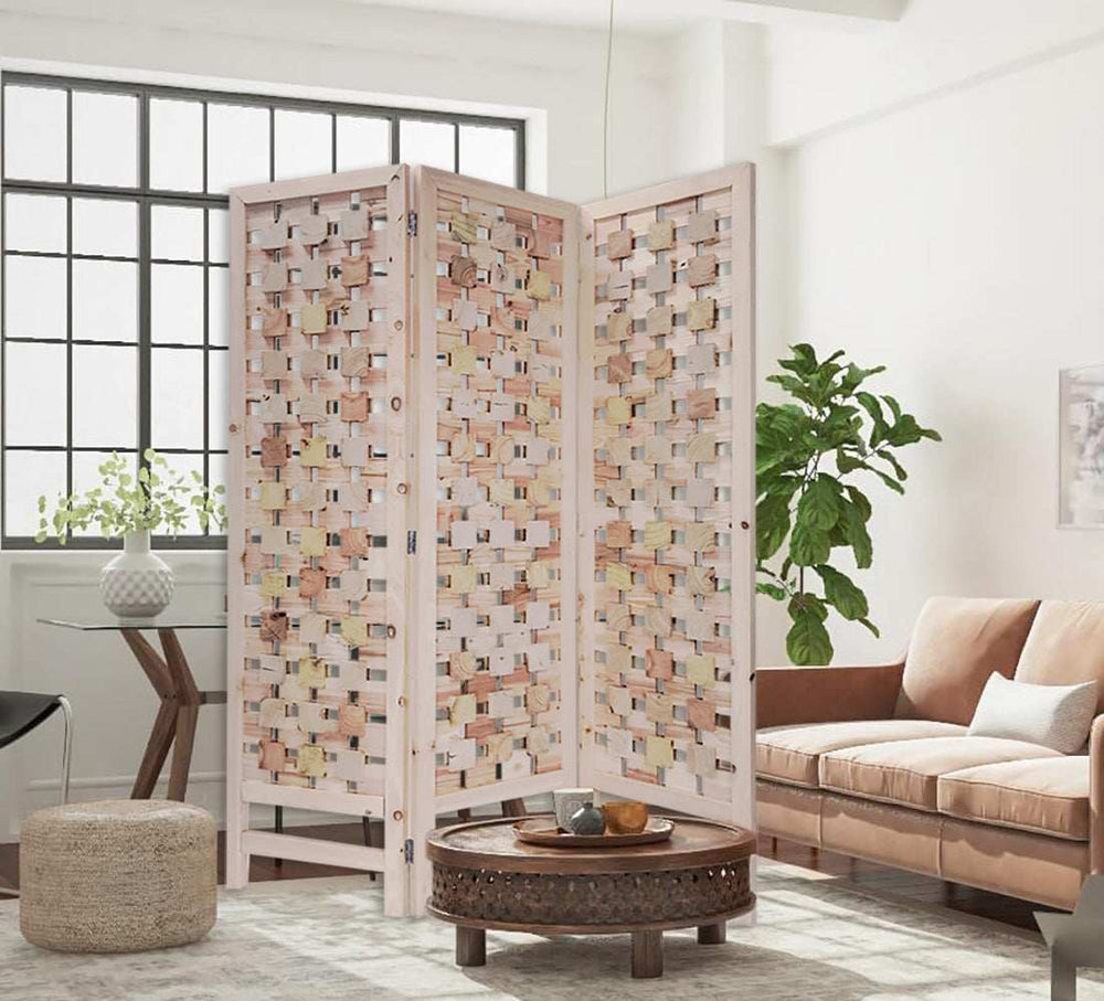 3 Panel Pink Room Divider With Cut Square Wood Design - Homeroots - Flyclothing LLC
