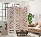 3 Panel Pink Room Divider With Cut Square Wood Design - Homeroots - Flyclothing LLC