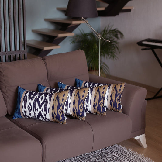Set Of 4 Brown And Blue Ikat Design Lumbar Pillow Covers - Homeroots
