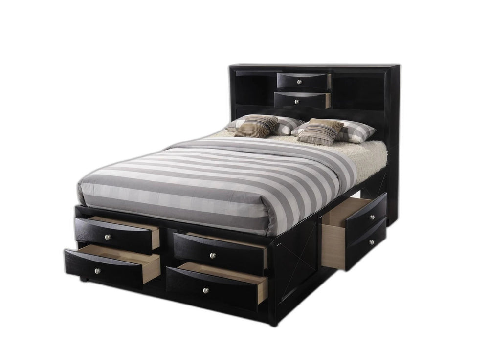 Black  Multi-Drawer Wood Platform  Full Bed With Pull Out Tray - Homeroots