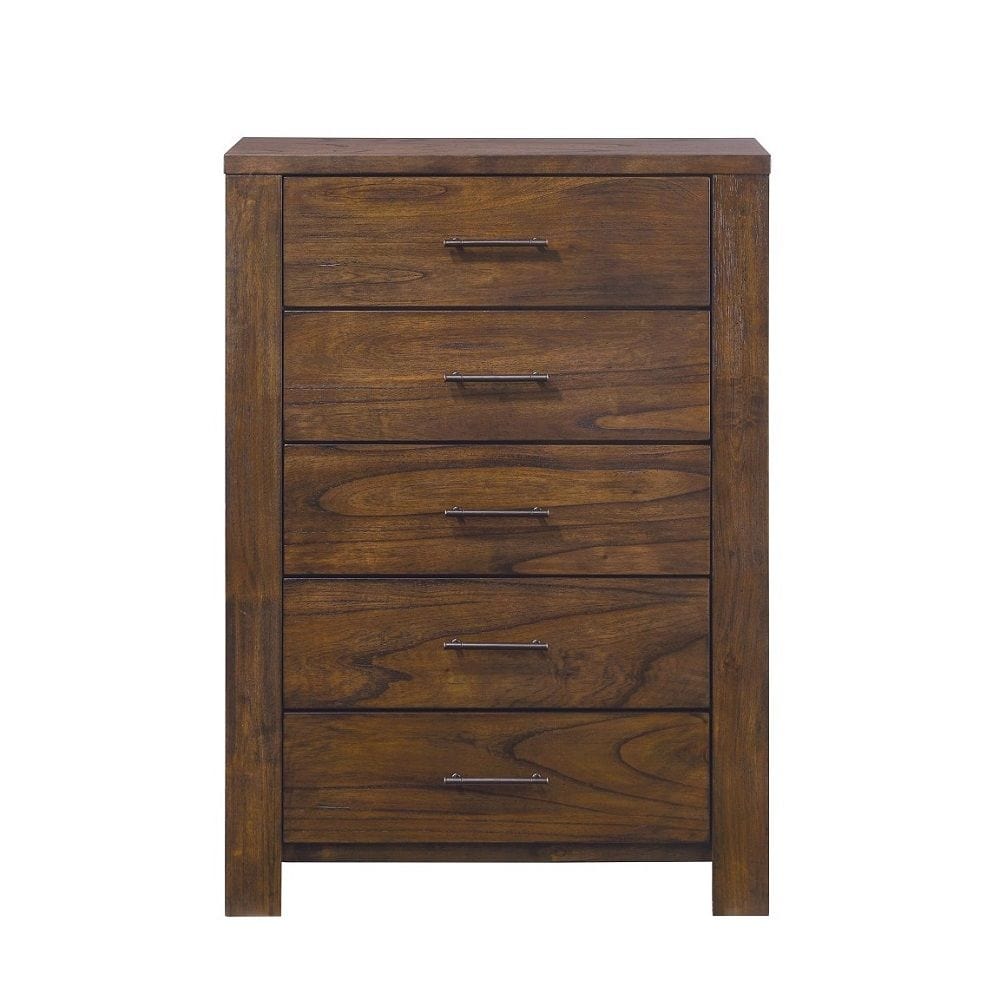 48" Oak Finish 5 Drawer Chest Dresser With Brass Metal Hardware - Homeroots