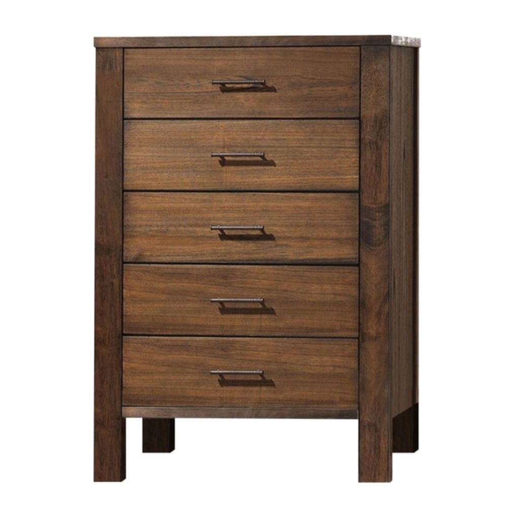 48" Oak Finish 5 Drawer Chest Dresser With Brass Metal Hardware - Homeroots - Flyclothing LLC