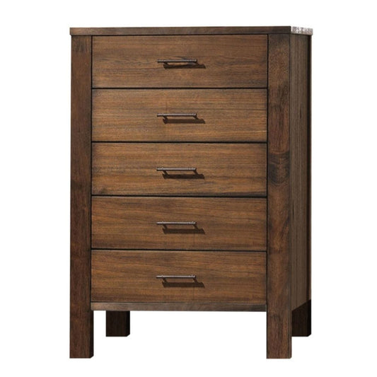 48" Oak Finish 5 Drawer Chest Dresser With Brass Metal Hardware - Homeroots