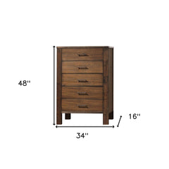 48" Oak Finish 5 Drawer Chest Dresser With Brass Metal Hardware - Homeroots