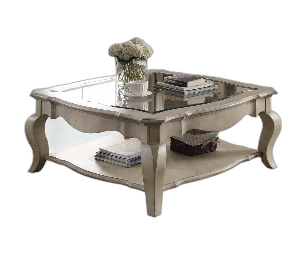 42" Clear And Taupe Glass And Solid Wood Square Coffee Table With Shelf - Homeroots - Flyclothing LLC