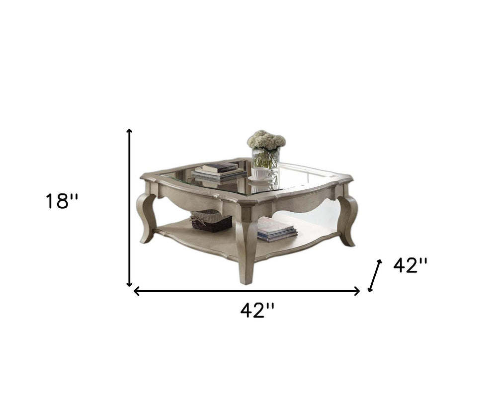 42" Clear And Taupe Glass And Solid Wood Square Coffee Table With Shelf - Homeroots - Flyclothing LLC
