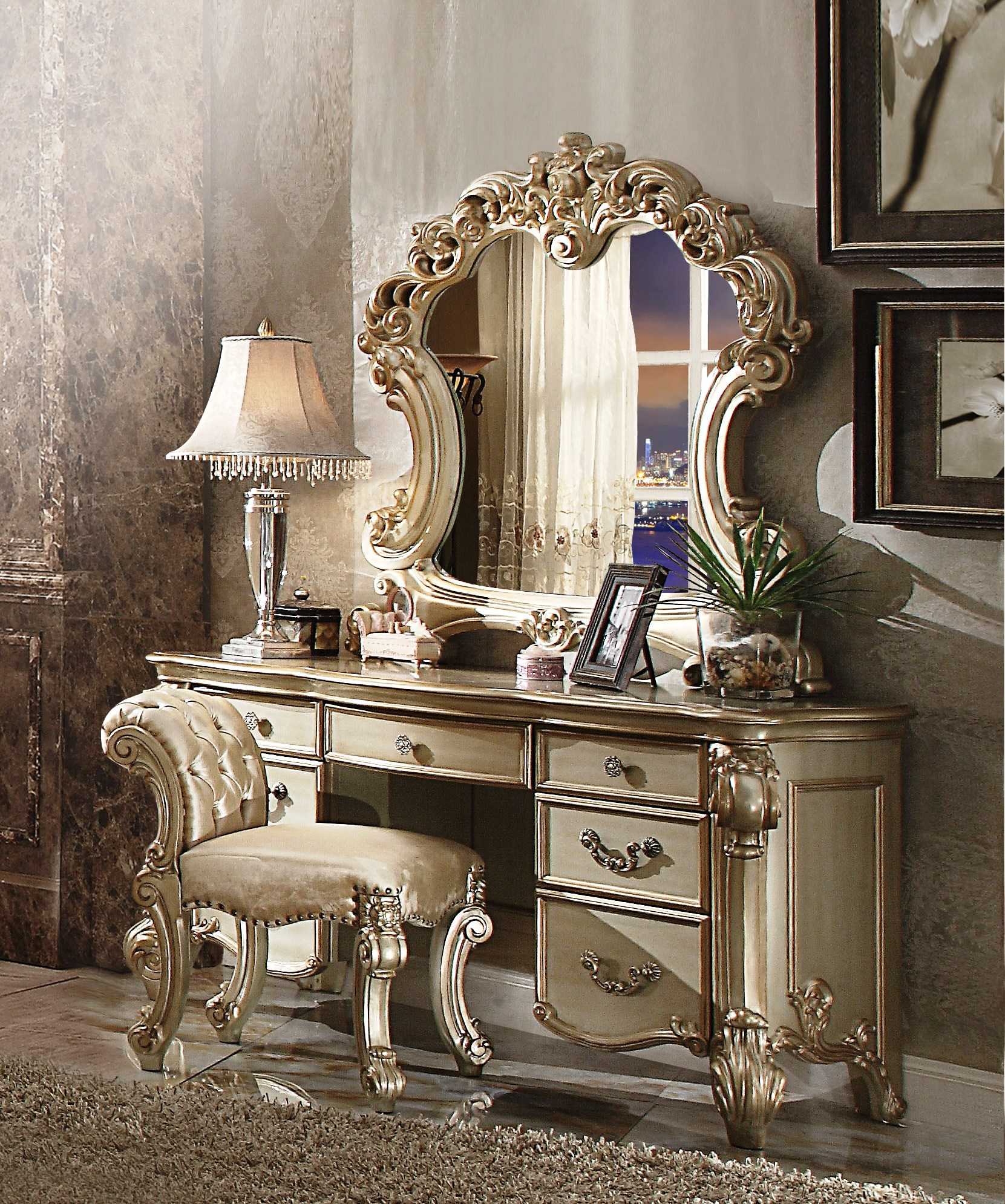 Elaborate Carved Gold Patina Finish Desk Vanity Dressing Table With 7 Drawers - Homeroots - Flyclothing LLC