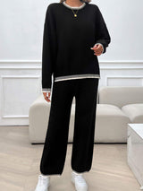 Round Neck Dropped Shoulder Top and Pants Sweater Set - Trendsi - Flyclothing LLC