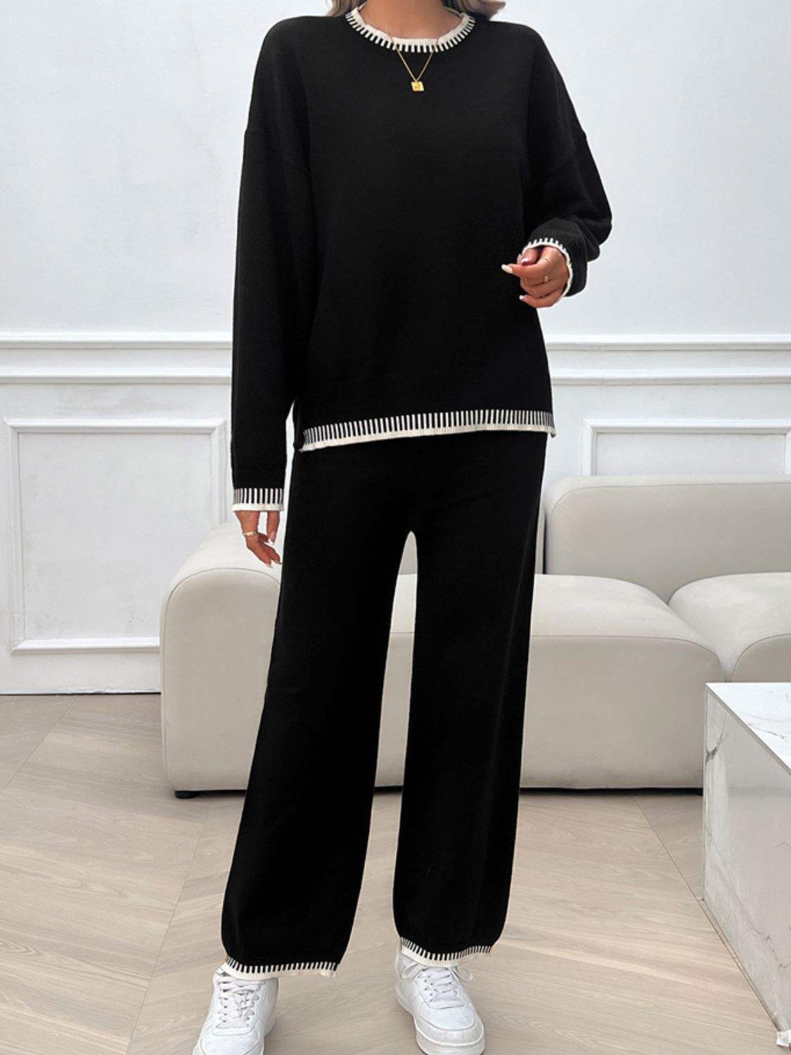 Round Neck Dropped Shoulder Top and Pants Sweater Set - Trendsi - Flyclothing LLC