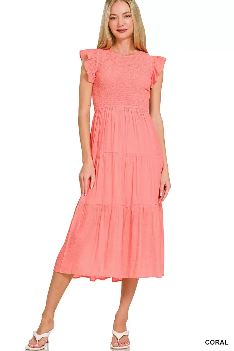 Zenana Woven Smocked Ruffle Sleeve Midi Dress - Trendsi - Flyclothing LLC