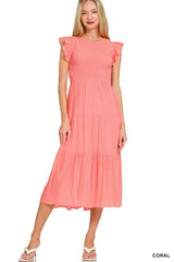Zenana Woven Smocked Ruffle Sleeve Midi Dress - Trendsi - Flyclothing LLC