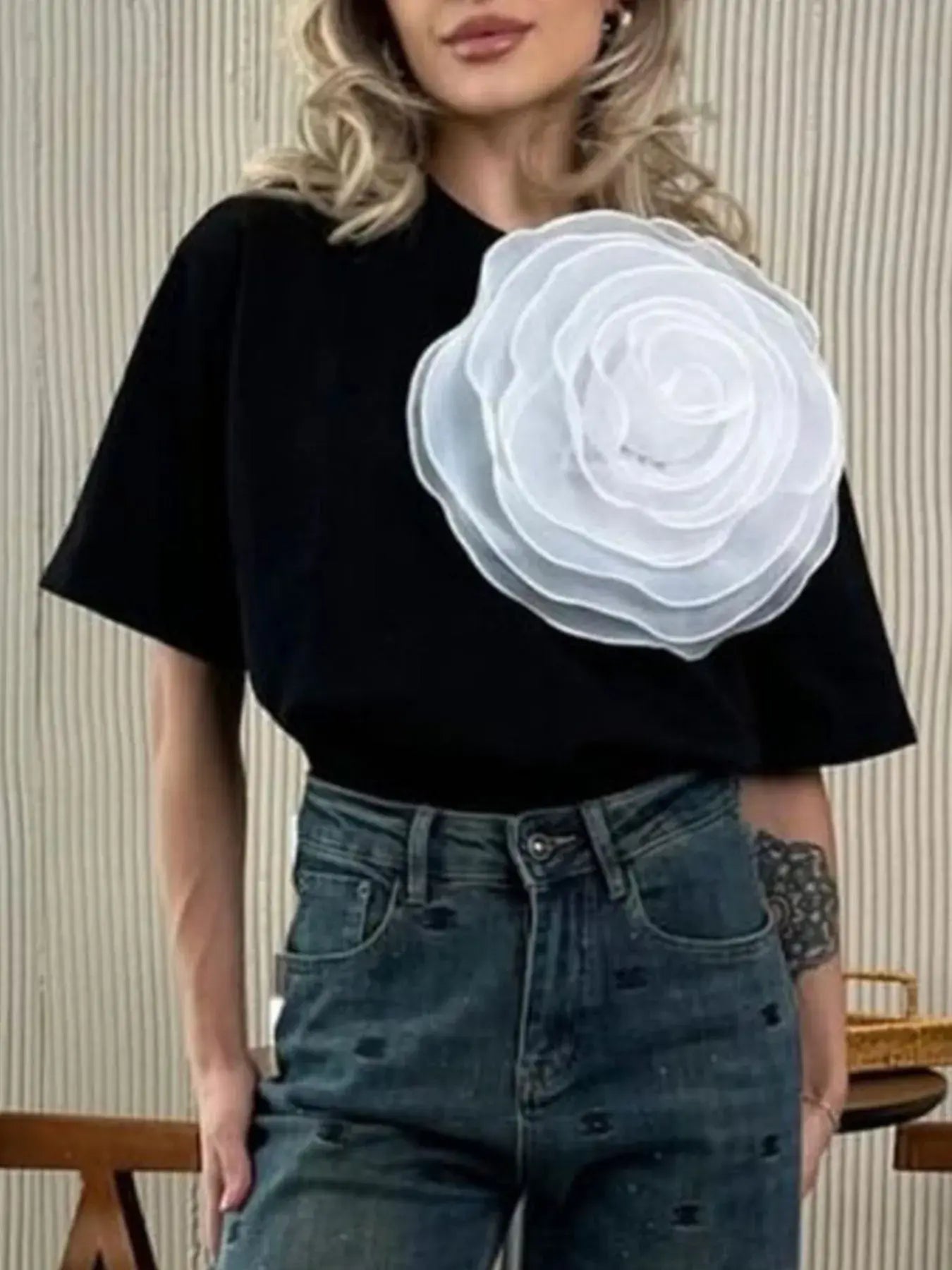 Flower Round Neck Short Sleeve T-Shirt - Trendsi - Flyclothing LLC