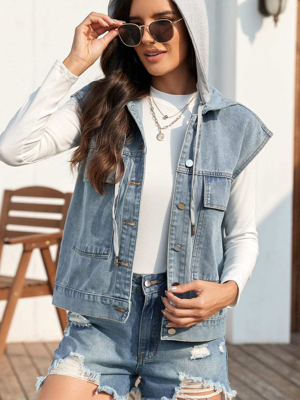Drawstring Button Up Sleeveless Denim Jacket - Trendsi - Flyclothing LLC