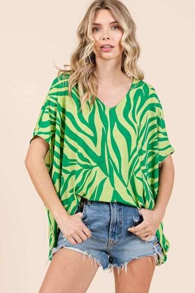 Mittoshop Zebra Print V-Neck Short Sleeve Oversized Top - Trendsi - Flyclothing LLC