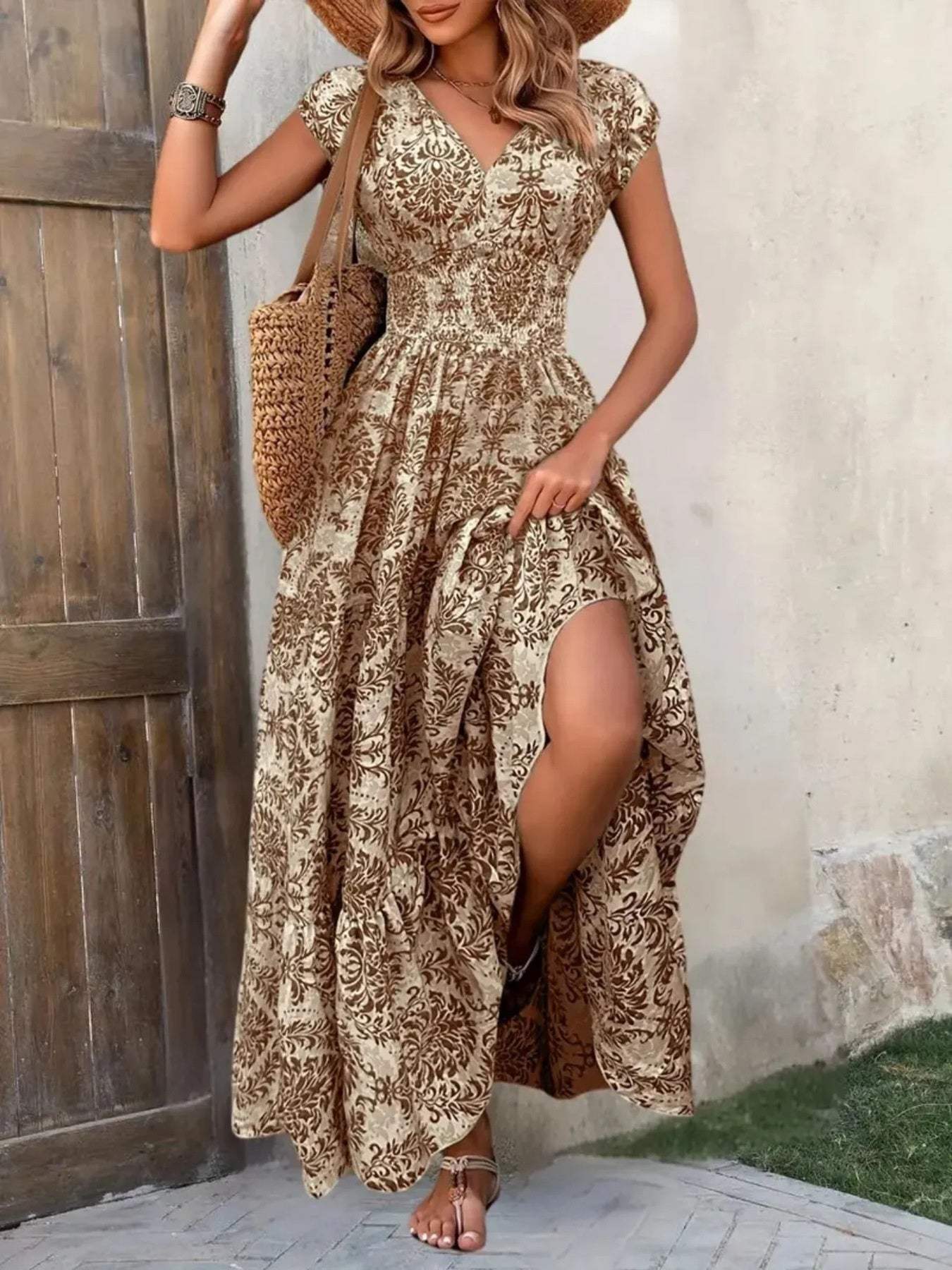 Printed Cap Sleeve Maxi Dress - Trendsi - Flyclothing LLC