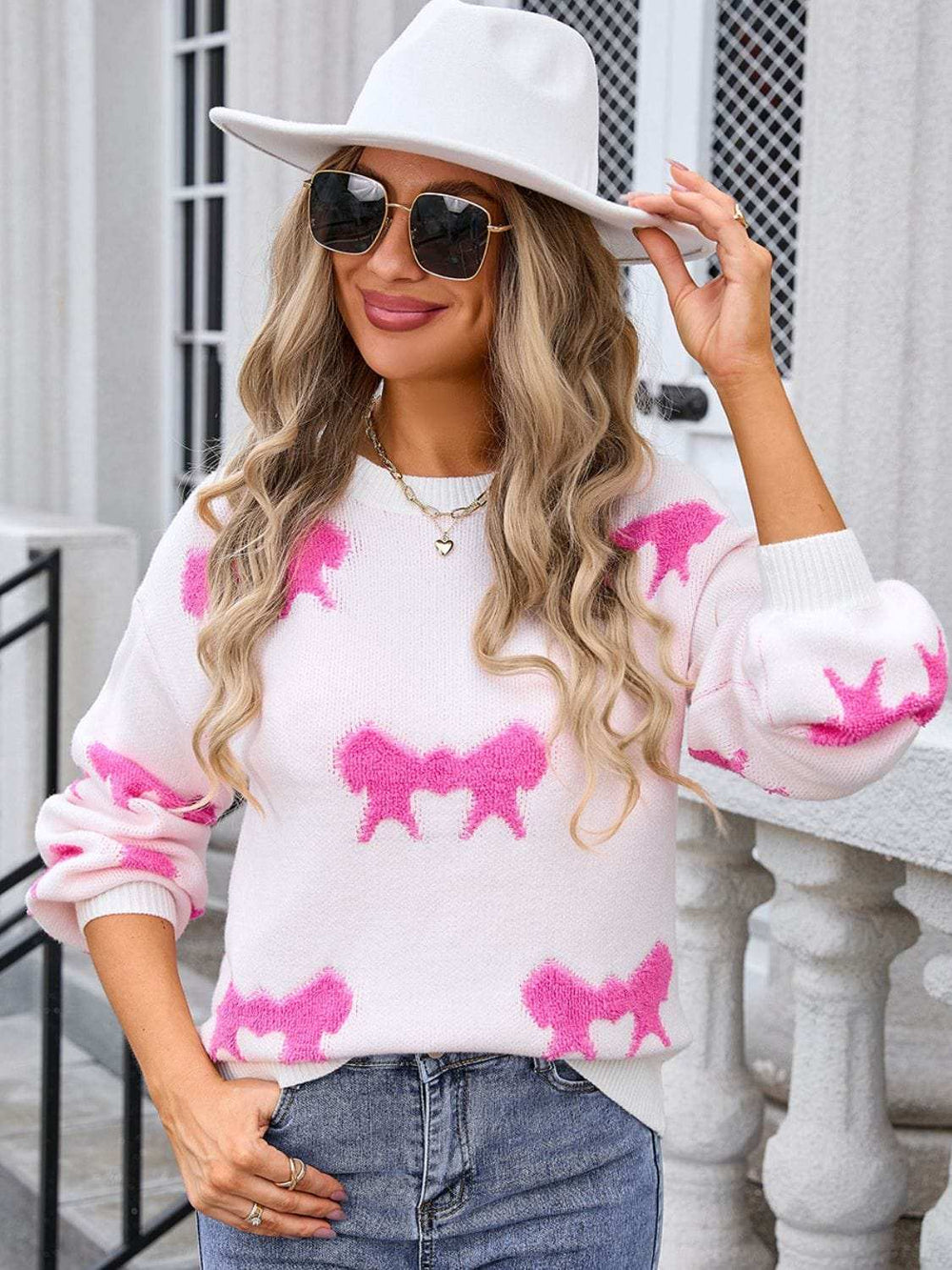 Angel Wings Bow Round Neck Dropped Shoulder Sweater - Trendsi - Flyclothing LLC