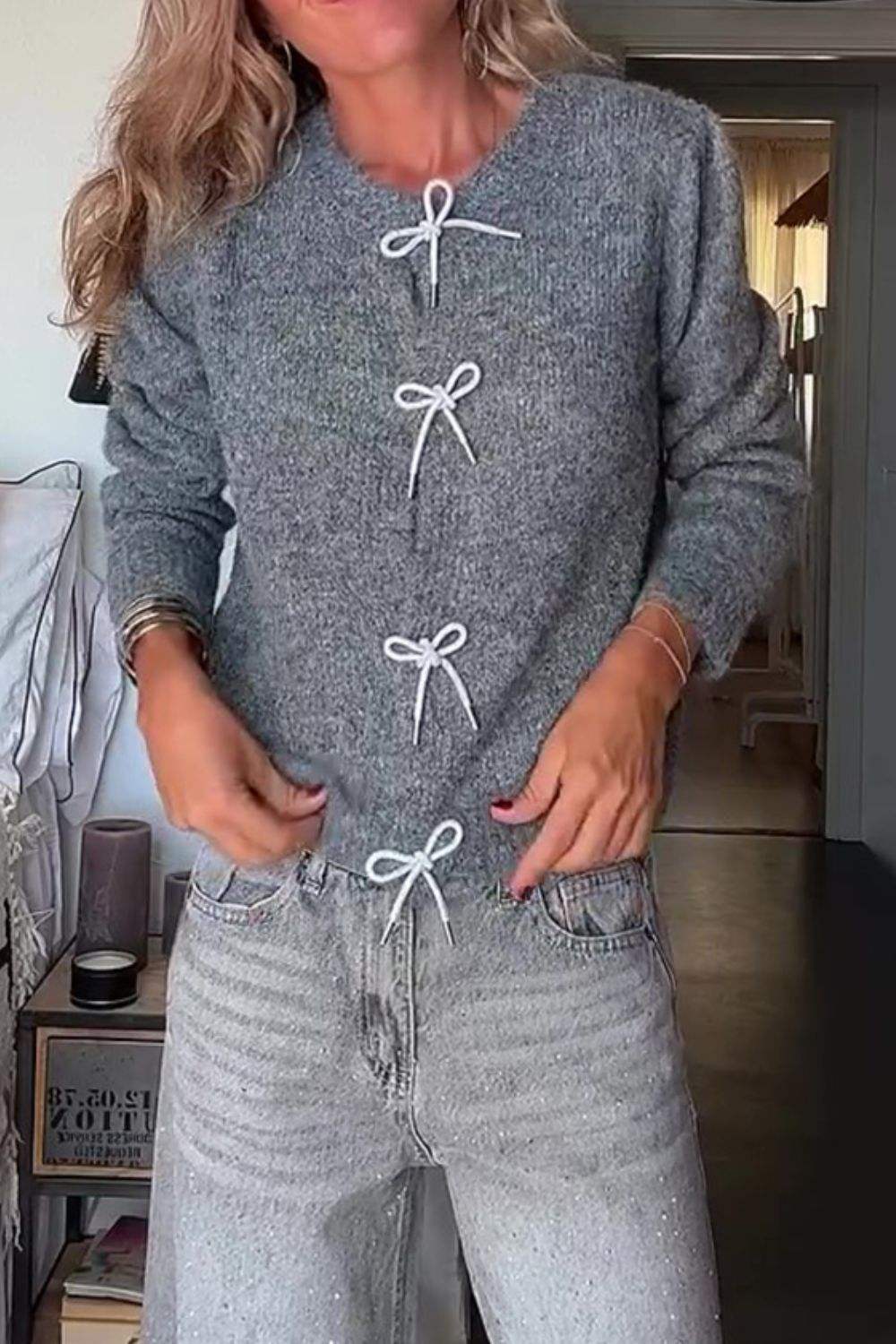 Bow Round Neck Long Sleeve Cardigan - Trendsi - Flyclothing LLC
