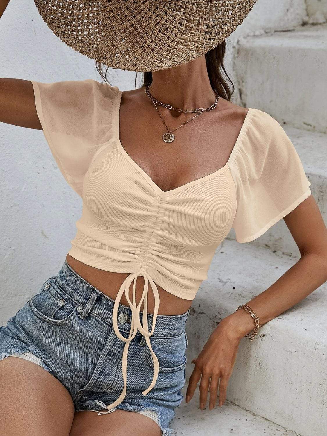 Drawstring Short Sleeve Crop Top - Trendsi - Flyclothing LLC