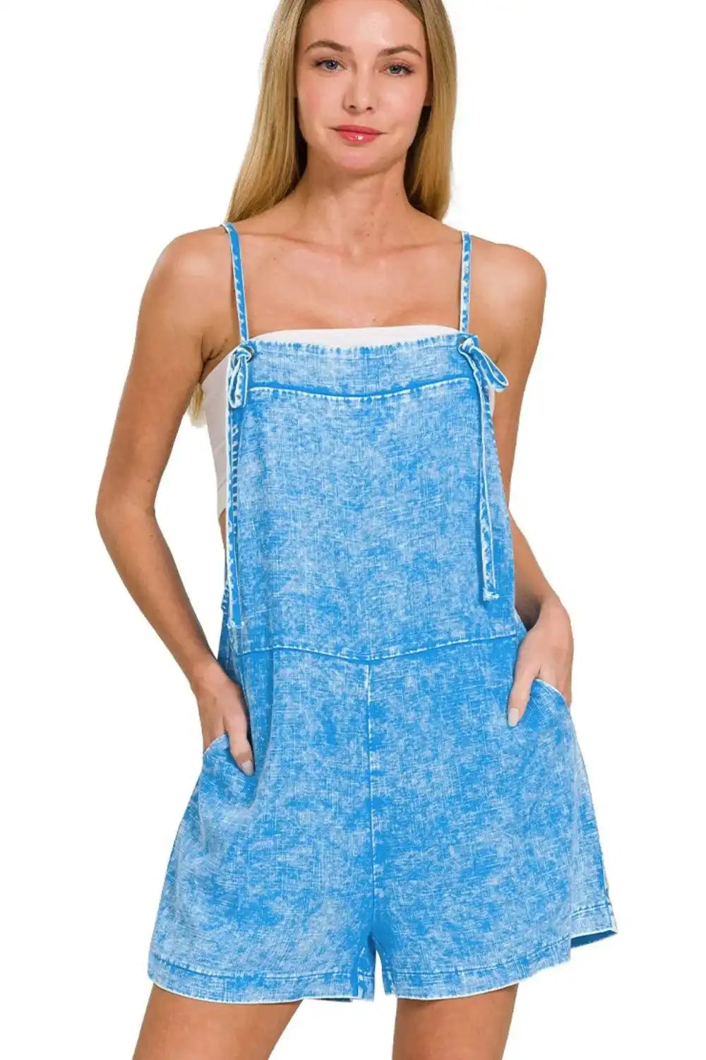 Zenana Washed Linen Knot Strap Rompers - Trendsi