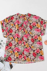 Floral Tie Neck Short Sleeve Blouse - Trendsi - Flyclothing LLC