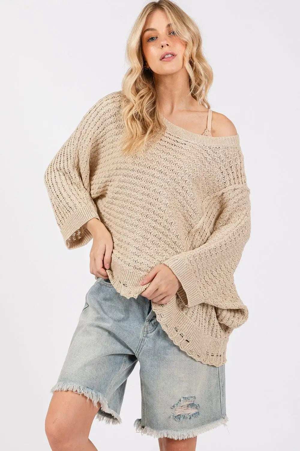 SAGE + FIG Distressed Asymmetrical Open Stitch Sweater - Trendsi - Flyclothing LLC