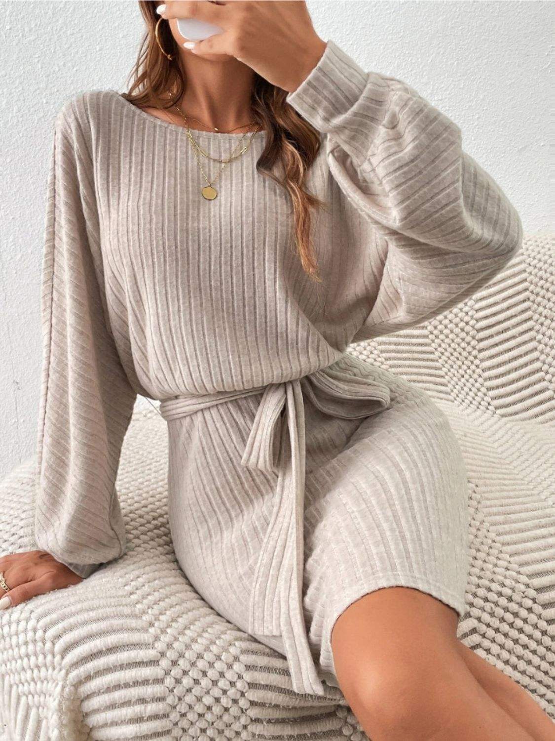 Round Neck Tie Waist Long Sleeve Mini Dress - Trendsi - Flyclothing LLC
