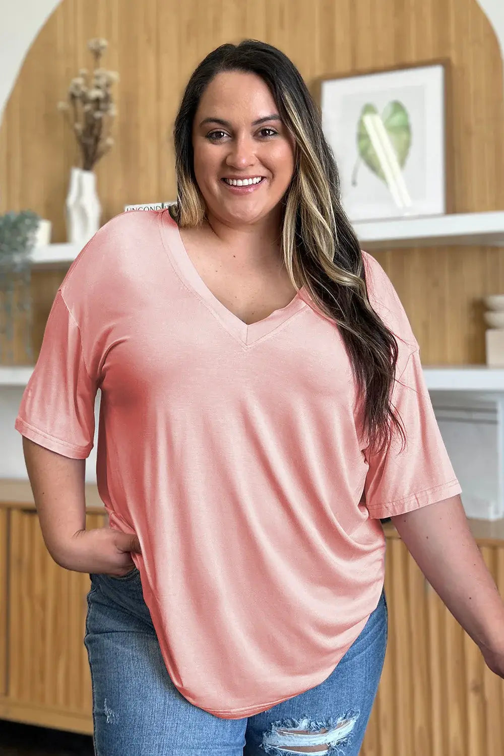 Basic Bae Full Size Bamboo V-Neck Drop Shoulder T-Shirt - ShopBasicbae - Flyclothing LLC