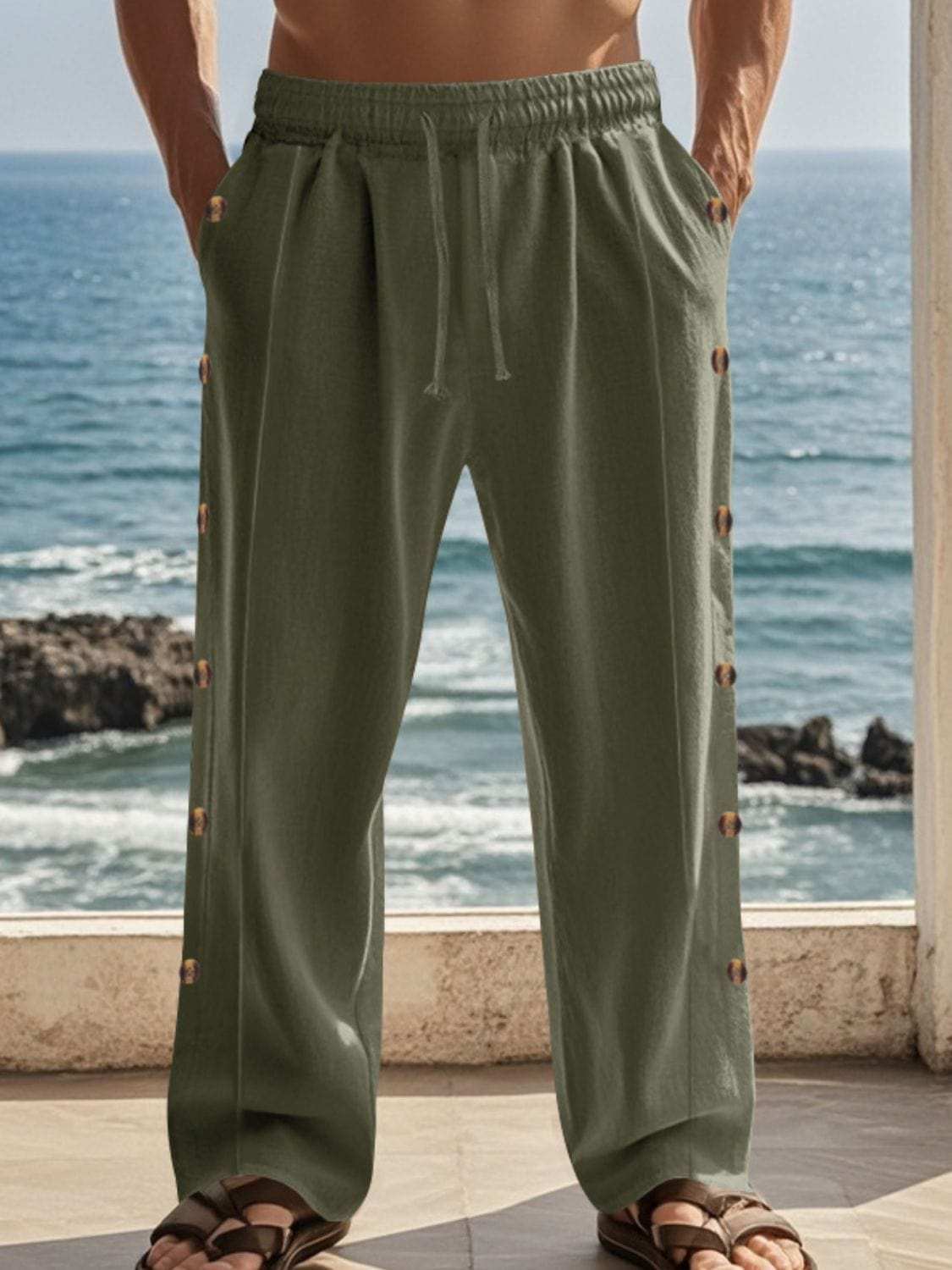 Men's Full Size Side Button Wide Leg Pants Plus Size - Trendsi - Flyclothing LLC
