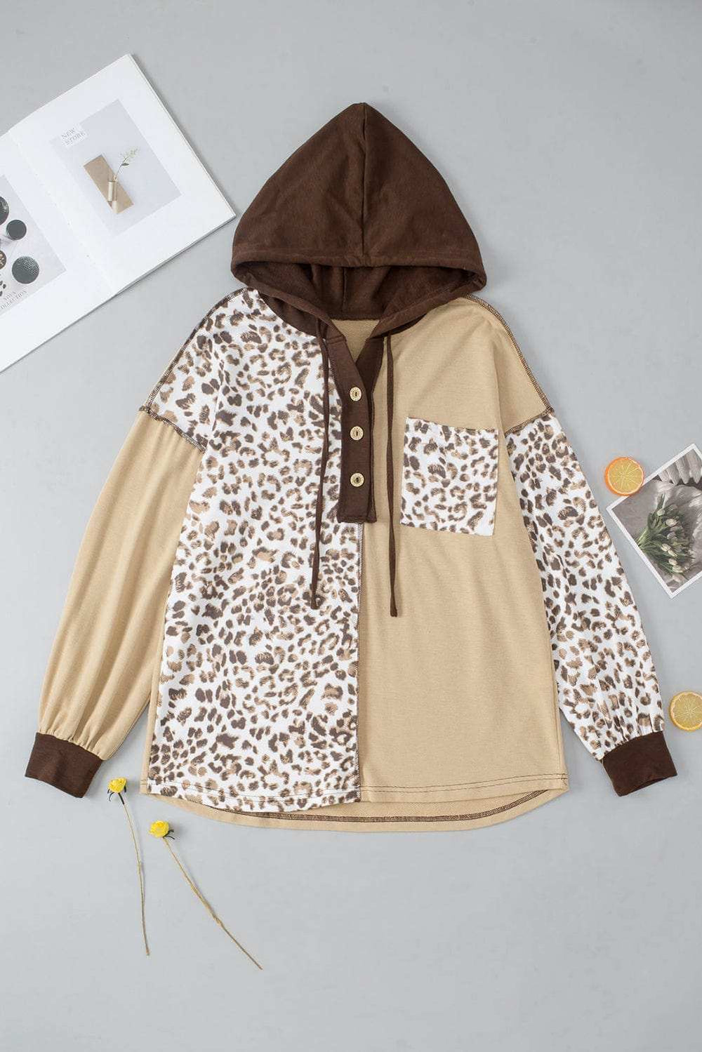 Leopard Drawstring Chest Pocket Hoodie - Trendsi - Flyclothing LLC