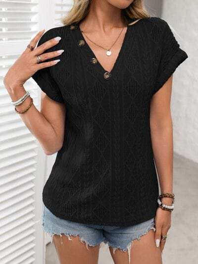 Openwork V-Neck Short Sleeve T-Shirt - Trendsi - Flyclothing LLC